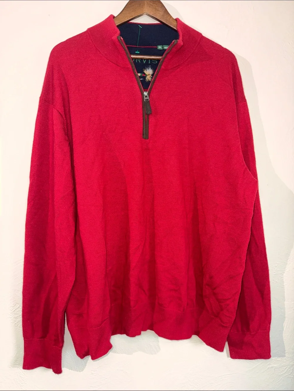 Orvis Men’s XL 100% Merino Wool Red Quarter Zip Fly Fishing Sweater